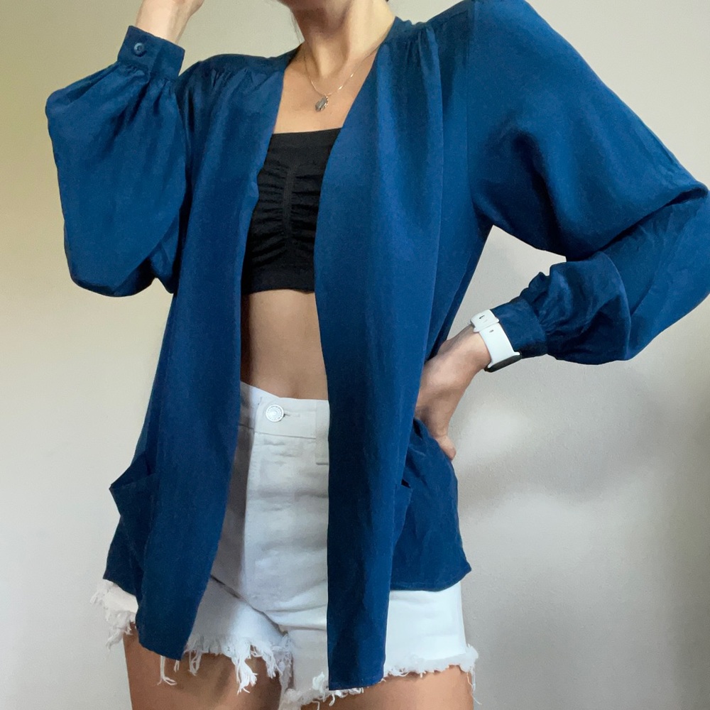 Vintage 100% Silk Royal Blue Cardigan Blouse